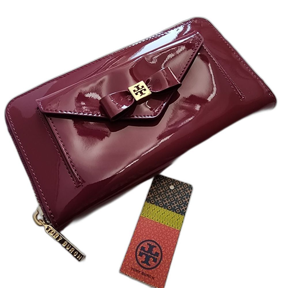 Tory Burch Patent Leather Wallet in Deep Berry with Gold Hardware